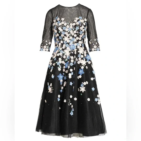 NWT Mac Duggal 11161 Floral Embroidered A Line Tea Length Dress - Picture 2 of 7